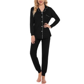 SWOMOG Women Pajamas Set Long Sleeve Sleepwear Womens Button Down Nightwear Soft PJs Loungewear Sets with Pockets Black
