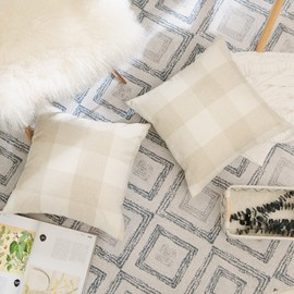 Home Brilliant Beige Cushion Covers Durable for Kids, Faux Linen Check Cushion Covers 45cm x 45cm for Sofa Bed Living Room, Decorative Cushions 18 Inch, Cream, 2 pcs, 45cm