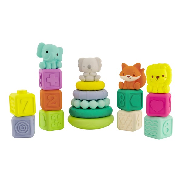 Infantino Stackables Activity Playset - Stacking Blocks, Rings and Pals for Babies and Toddlers, Multicolor, 18-Piece Interchangeable Set