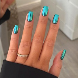 Mirror Metal Teal Blue Press on Nails Medium Short Square Chrome Glazed Short Gel Nails Press ons Shiny Plating Nails Acrylic Nails Reusable Thick Fake Nails for Women Glue on Nails Medium Length
