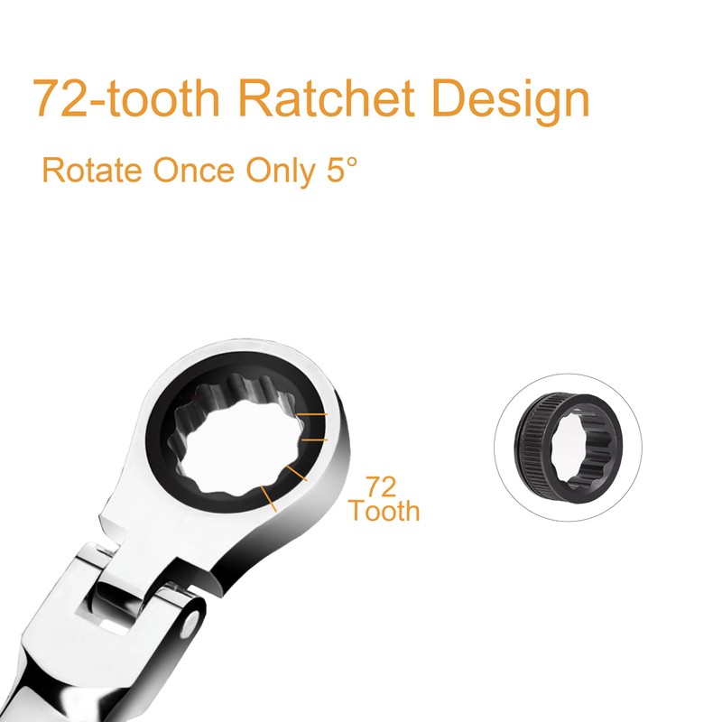 cSeao 7mm Flex-Head Ratcheting Combination Wrench 72-Teeth, Cr-V Constructed, Chrome