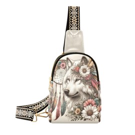 Wolf Bag Small Sling Bag for Women Flower Dreamcatcher Wolf Leather Crossbody Bags Chest Bag Waist Packs