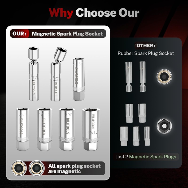 BILITOOLS 10 PCS Magnetic Spark Plug Socket Set with Click