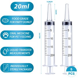 Syringe 20ml Plastic Syringes with Cap Dispensing Measuring Syringe Tools for Labs Liquids Watering Feeding Pets, Individually Packaged 5 Pcs