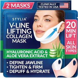 STYLIA V Line Lifting Collagen Mask - Lift, Firm & Contour Jawline - Tightening Double Chin Strap with Hyaluronic Acid & Aloe - Neck Tightening and Lifting Mask - Jawline Shaper Face Lift Tape (2PC)