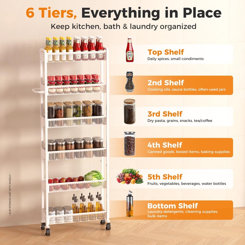 Xpatee 6 Tier Slim Storage Cart with Wheels, 6" D