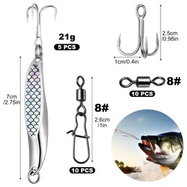 Realure 5 Pcs Metal Sea Fishing Spinners Lures with Trebles Hooks Set Including 20 Pcs/2Types Rolling Fishing Swivels and Clips 7cm & 21g Metal Jigs Sequins Fishing Spoon Lures Hard Baits for Sea Bass