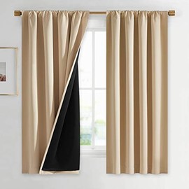 NICETOWN Bedroom Full Blackout Curtain Panels, Super Thick Insulated Window Covers, Rod Pocket Draperies with Black Liner for Short Window (Biscotti Beige, Set of 2, 42 by 63-inch)