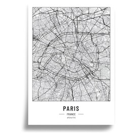 Cool Factory A3 Size Paris City Map Poster without Frame for Living Room and Bedroom, 250 g Paper, Black/White, 297mm x 420mm