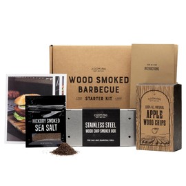 BBQ Smoker Box Kit – Stainless Steel Smoker with Hinged Lid, Apple Wood Chips, Hickory Salt – Grilling Accessories and Grilling Gifts for Men – Great Birthday Gifts for Men Who Love to BBQ