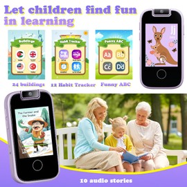 PTHTECHUS Kids Phone Toys for Girls Boys - Toddler Touchscreen MP3 Music Player with Dual Camera, Habit Tracker, Games, Alphabet, Educational Learning Toys Birthday Easter Gifts for 3-7 with SD Card