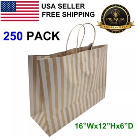 ModuJoah 250 Packs Kraft with Stripe Paper Shopping Kraft Retail Gift Bags With Handles