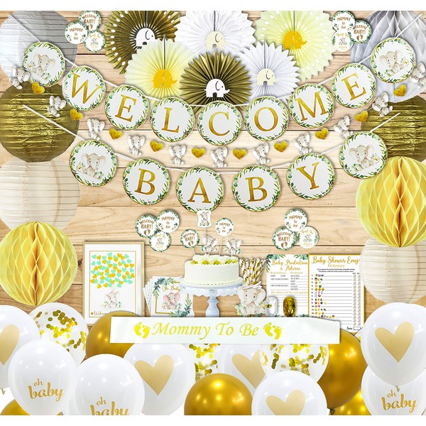250 Piece Elephant Theme Baby Shower Decorations for Boy or Girl Kit -Gender Neutral Welcome Baby Pre-Strung Banners, Garland Guestbook, Sash Gold White Confetti Balloons, Cake Toppers Paper Decor, Napkins, Straws, Games & Thank You Stickers