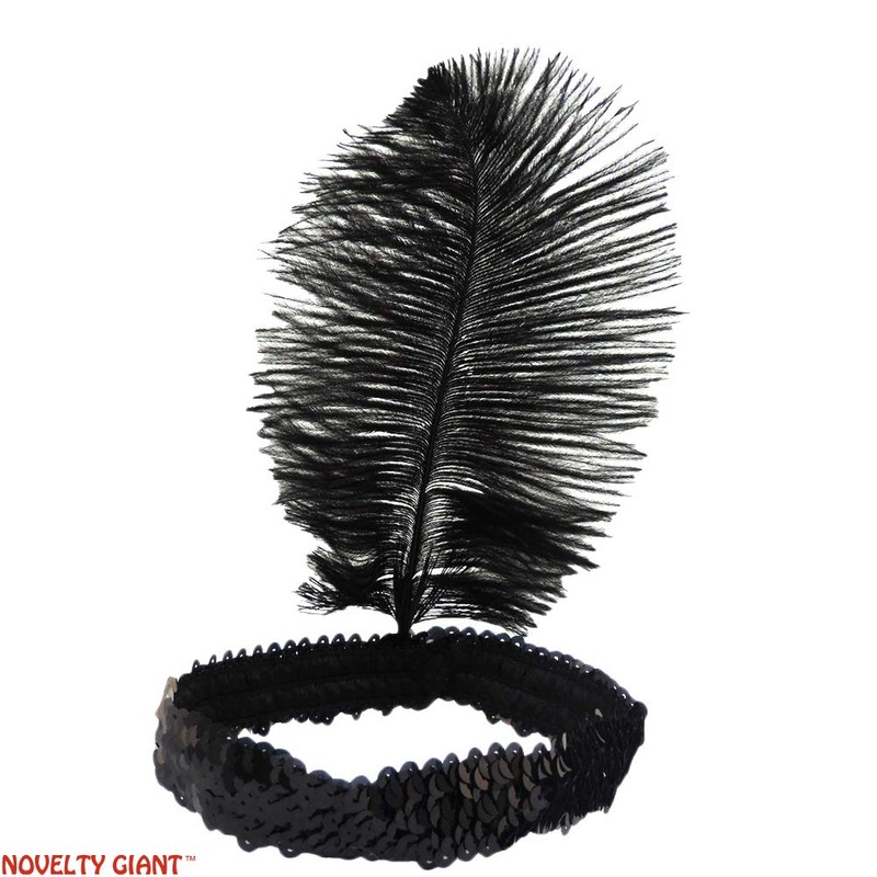 Roaring 20's Black Sequined Showgirl Flapper Headband with Feather