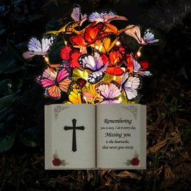 VKEVOC Solar Bible Cross Memorial Stake - Metal Silhouette Religious Grave Decoration for Cemetery - Flat Christian Cross Stake with Butterfly Lights - Cemetery Flower Decor for Grave, Sympathy Gift