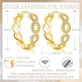 Loutade Earrings 925 Silver for Women, Hypoallergenic 925 Sterling Silver Hoop Earrings with 5A Cubic Zirconia, Lightweight 20 mm Twisted Silver Huggie Earrings, Infinity Twisted Hoop Earrings