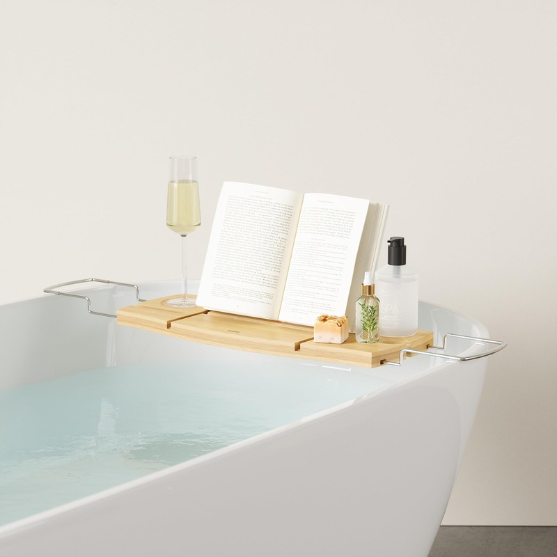 Umbra Aquala, Bamboo and Chrome Extendable Bathtub Tray Caddy, Natural
