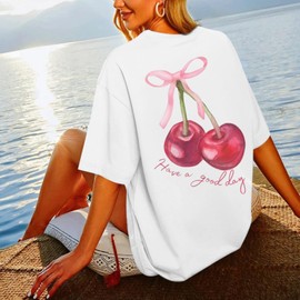 BINTEHGS Oversized Graphic Tees for Women Trendy Cherry Printed Shirt Cute Summer Aesthetic Cotton Tshirts Tops for Teens(White,S)
