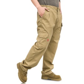 KONRECO FR Pants for Men Cargo Pockets Flame Resistant 7.5oz 100% Cotton Elastic Waist Work Pants Khaki