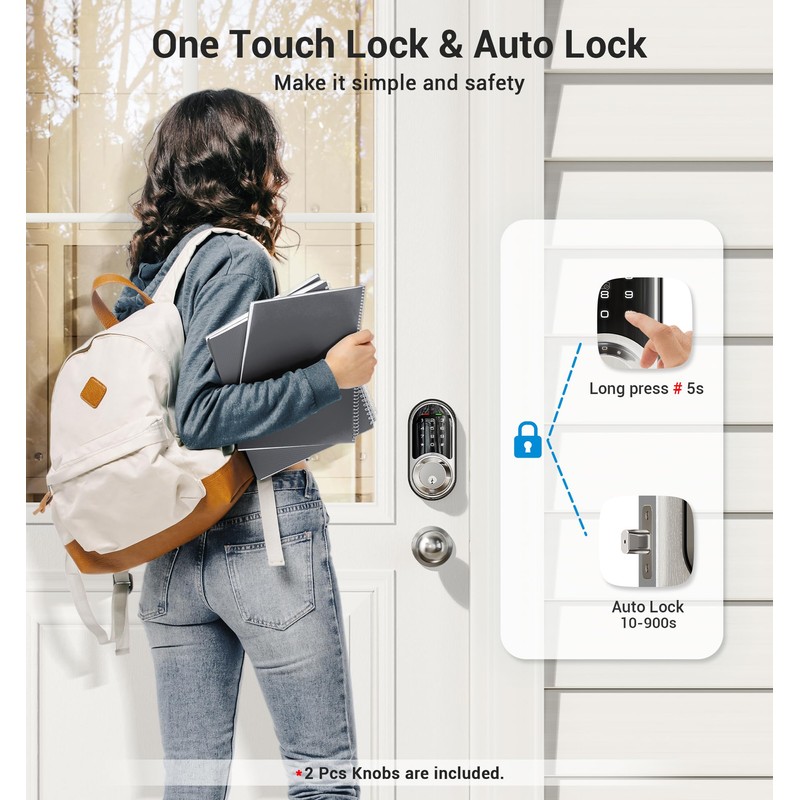 Veise RZ06C Smart Locks for Front Door, 2 Knob Handle