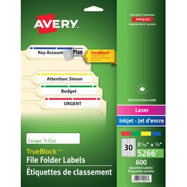 Avery Filing Labels with TrueBlock Technology for Laser and Inkjet Printers, 2/3" x 3-7/16", Assorted Colours, File Tab Labels, Folder Labels, Rectangle, 600 Labels, Permanent (5266) Made in Canada
