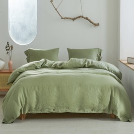 Simple&Opulence 100% Linen Duvet Cover Set 3pcs with Coconut Button Closure Natural French Washed Flax Solid Color Soft Breathable Farmhouse Bedding - Sage Green, Queen Size