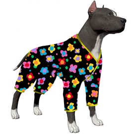 LovinPet Large Dog Outfits For Boxer - Anxiety Calming Shirt, Anti Licking Dog Pajamas, Lightweight Fabric, Vintage Happy 2 Quilted Multi Print, Large Dog Pjs, All Season wear Dog Pj's,Black Yellow L
