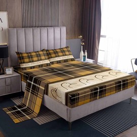 Ducks Silhouettes Kids Sheet Queen Size,Cartoon Animals Cute Bedding Set,Girls Boys Adults Bedroom Decor,Geometric Plaids Splicing Brown Rustic Bed Sheet Set 4pcs(Fitted + Flat + 2 Pillowcases)