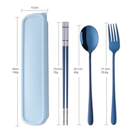 SBOMHS Portable Outdoor Travel Cutlery Set Blue Camping Cutlery to Go Picnic School Office Tableware for 1 Person Stainless Steel Chopsticks Korean Long Table Forks Soup Spoon Wheat Straw Gift Box
