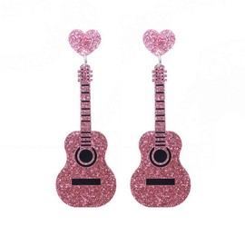 Guitar Earrings for Women,Glitter Pink Guitar Acrylic Dangle Earrings with Heart,Music Lovers Dangly Earrings Hypoallergenic,Retro Punk style Earrings