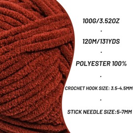 Plush Chunky Chenille Yarn for Crocheting, Soft Fluffy Velvet Yarn for Crocheting, Fuzzy Baby Blanket Knitting Yarn, 100g/131yds Bulky Amigurumi Yarn（Coffee）