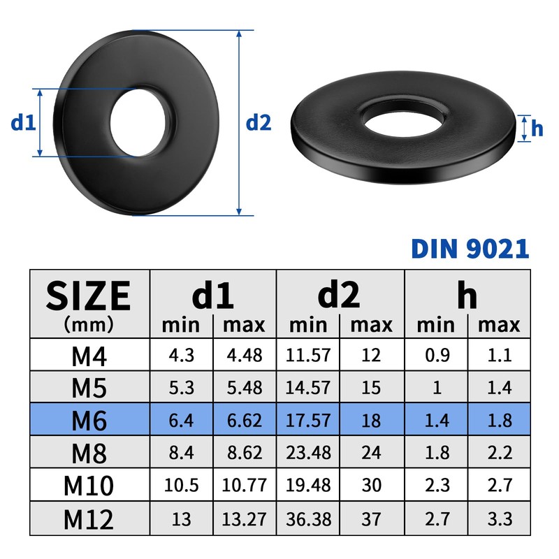 Pack of 30 Washers M6 Black Stainless Steel DIN 9021
