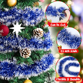 50FT Christmas Tinsel Garland Blue Garland for Christmas Tree Decorations, Xmas Tinsel Garlands for Decoration Indoor Outdoor Party Supplies Holiday Decor(Blue and Silver)