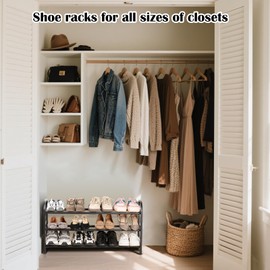Atrastout 3-Tier Expandable Shoe Rack for Closet，Adjustable Shoe Rack，Black Metal Free Standing Shoe Rack for Entryway Closet Doorway