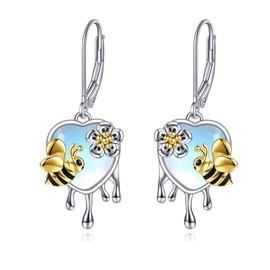Moonstone Bee Earrings Sterling Silver Love Heart Honey Bee Leverback Dangle Earrings Jewelry Christmas Gifts for Women