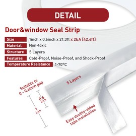 Five-Layer Silicone Seal Strip for Windows and Doors, Weatherproof and Soundproof, Easy-Install Insulation Tape, 43Ft 2-Pack - Ideal for Door, Window, and Shower Glass Gaps