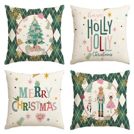 Artoid Mode Dark Green Diamond Plaid Nutcracker Tree Merry Christmas Cushion Covers Set of 4 40 x 40 cm Winter Decorative Cushion Cover Couch Living Room Decoration