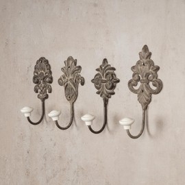 Set of 4 Wall Hooks Antique Brown Grey Metal Shabby Chic Country House Vintage Nostalgia Antique Ornaments Baroque