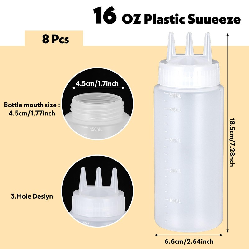 Lemecima 8 Pcs 3 Hole Squeeze Bottles 16 oz Plastic