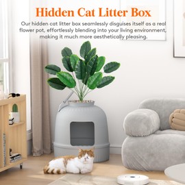 Lifewit Litter Box with Faux Plant & Scoop for Large Cat, Hidden Corner Enclosure Litter Tray with Odor Control & Carbon Filter in Living Room/Bedroom/Bathroom, Grey