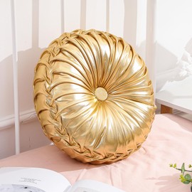 Drydiet 1 Pcs Round Throw Pillows Decorative Velvet Pleated Throw Pillows 15'' Diameter Accent Pumpkin Boho Chair Cushion for Couch Sofa Chair Bed Home Decoration (Gold)