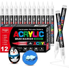 Surcotto 12 PCS White Acrylic Paint Markers,Water-Based Acrylic,Soft Brush Tip Acrylic Paint Pens for Arts & Crafts,Kids Activity,School Classroom;Works on Paper, Metal,Wood,Ceramic,Glass,Rock,Canvas