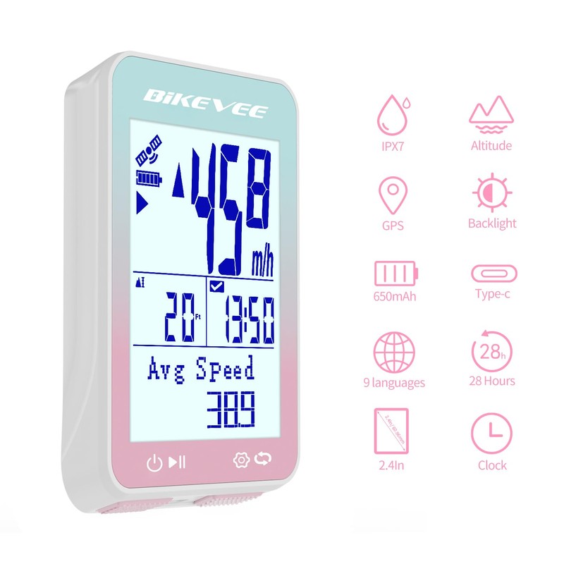 Bikevee GPS Bike Computer, 2.4" Display, IPX7, 8 Languages, 50g