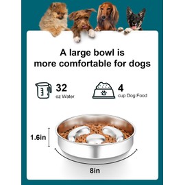 RooXchowla Slow Feeder Dog Bowl Stainless Steel，8-inch Diameter Dog Slow Feeder Bowl，Heavy Duty with Non-Slip Rubber Base，4Cups Capacity for Medium & Large Dogs to Slow Down Eating