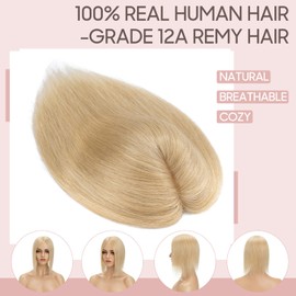 Silk-co 16inch Hair Topper for Thinning Hair Women Clip in Real Remy Human Hair Extensions Top Piece Base Size 10 * 12cm Silk+Lace Base Hair Piece 130% Density (#24 Natural Blonde)