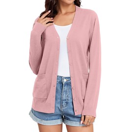 TASAMO Women's Cardigan Sweater Fall Fashion V-Neck Button Cardigan Casual Fashion Top with Pockets (Small,Pink)