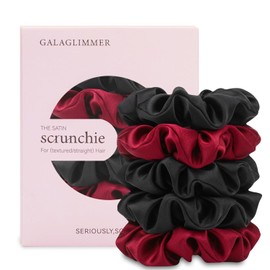GALAGLIMMER Satin Scrunchies for Women: No-Damage Hair Ties for Girls, Day to Night Silk-Like Scrunchies for All Hair Types and Textures, Crease-Free Hair Accessories - 5-Pack (3 Black + 2 Red)