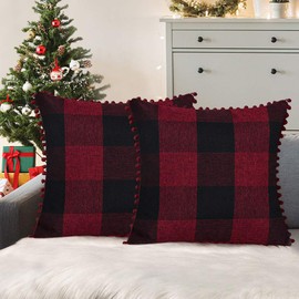 ORANIFUL Buffalo Check Cushion Covers 45 x 45 Set of 2 Linen Decorative Square Pom Poms Tartan Throw Pillow Case for Sofa Couch Bed Home Decor Car 18x18 Inches (Burgundy & Black)