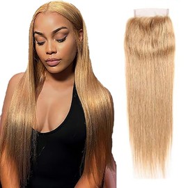 Tuheerst Lace Front Closure 4x4 Lace Closure Human Hair Blonde Closure Straight #27 with Natural Hairline Brazilian Remy Hair No Smell No Tangle Hair for Woman 18 Inches