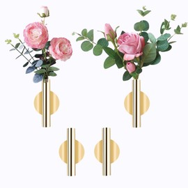 AIM & GGKK Wall Planters,4 Pcs Wall Mounted Metal Hanging Plant Holder for Indoor Small Gold Boho Wall Flower Vase Tube for Modern Home Decor Display Art Bedroom Bathroom Living Room